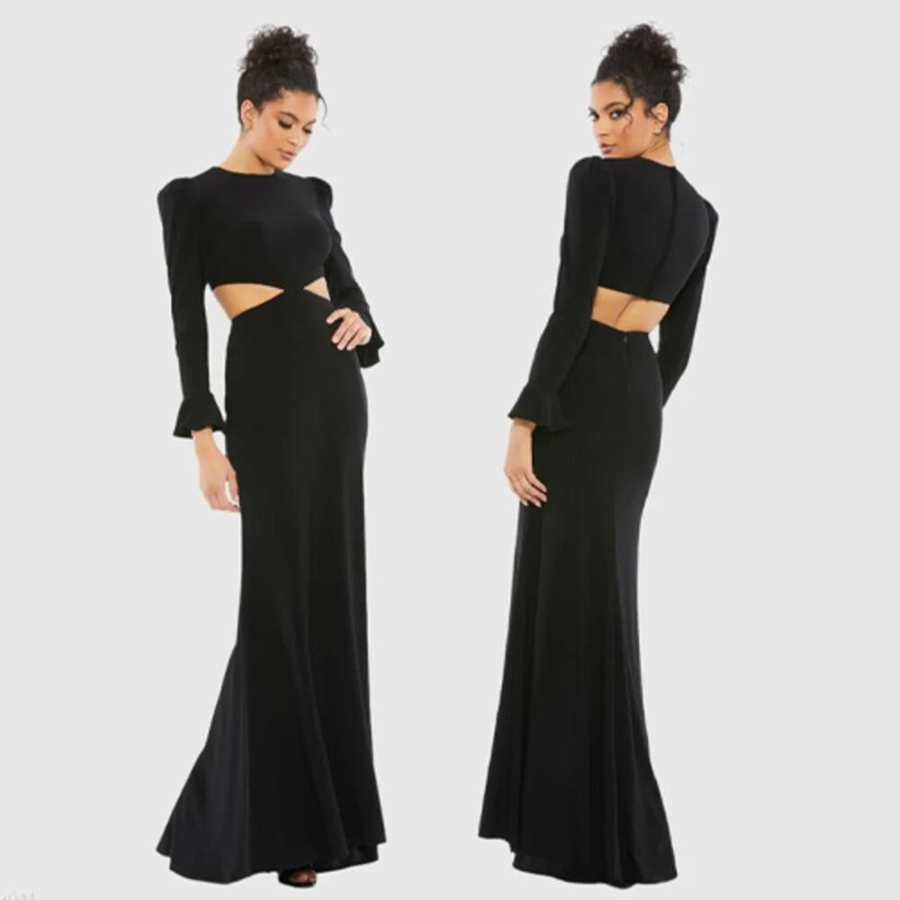NWT Ieena for Mac Duggal Black Long Sleeve Puff Shoulder Cut Out Gown Size 14